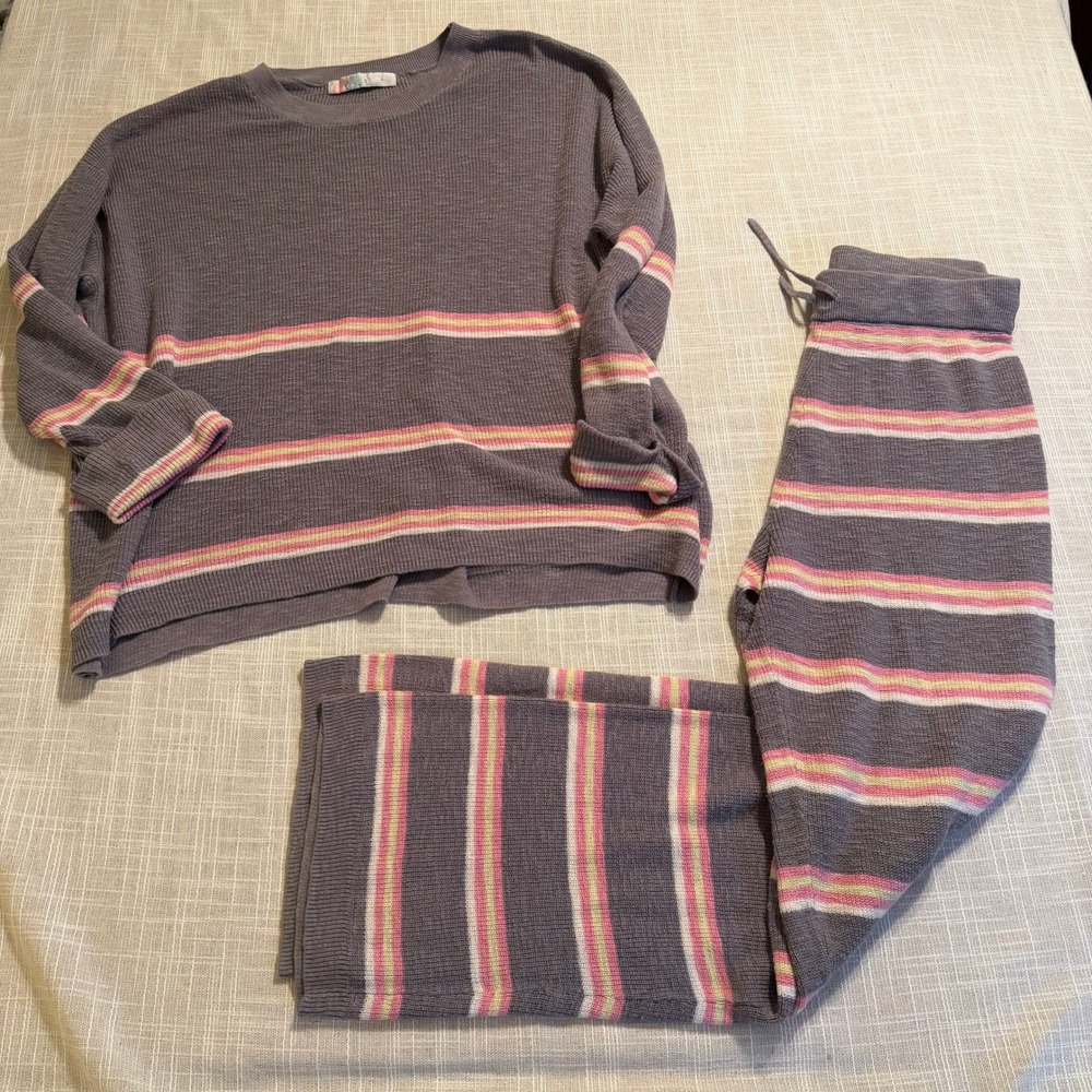 FP Beach Free People Striped Lounge Set Grey Pink Yellow Waffle Knit Medium
